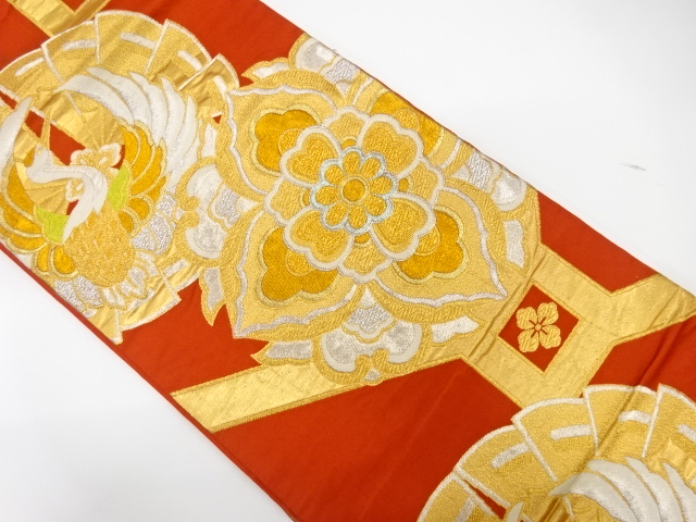 JAPANESE KIMONO / ANTIQUE FUKURO OBI / SILK / WOVEN CRANE & FLORAL CREST